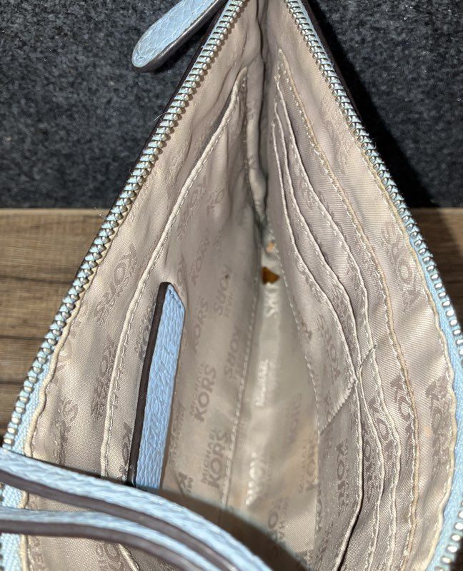 Michael Kors Light Blue Pebbled Leather Large Wristlet Pouch Silver Hardware