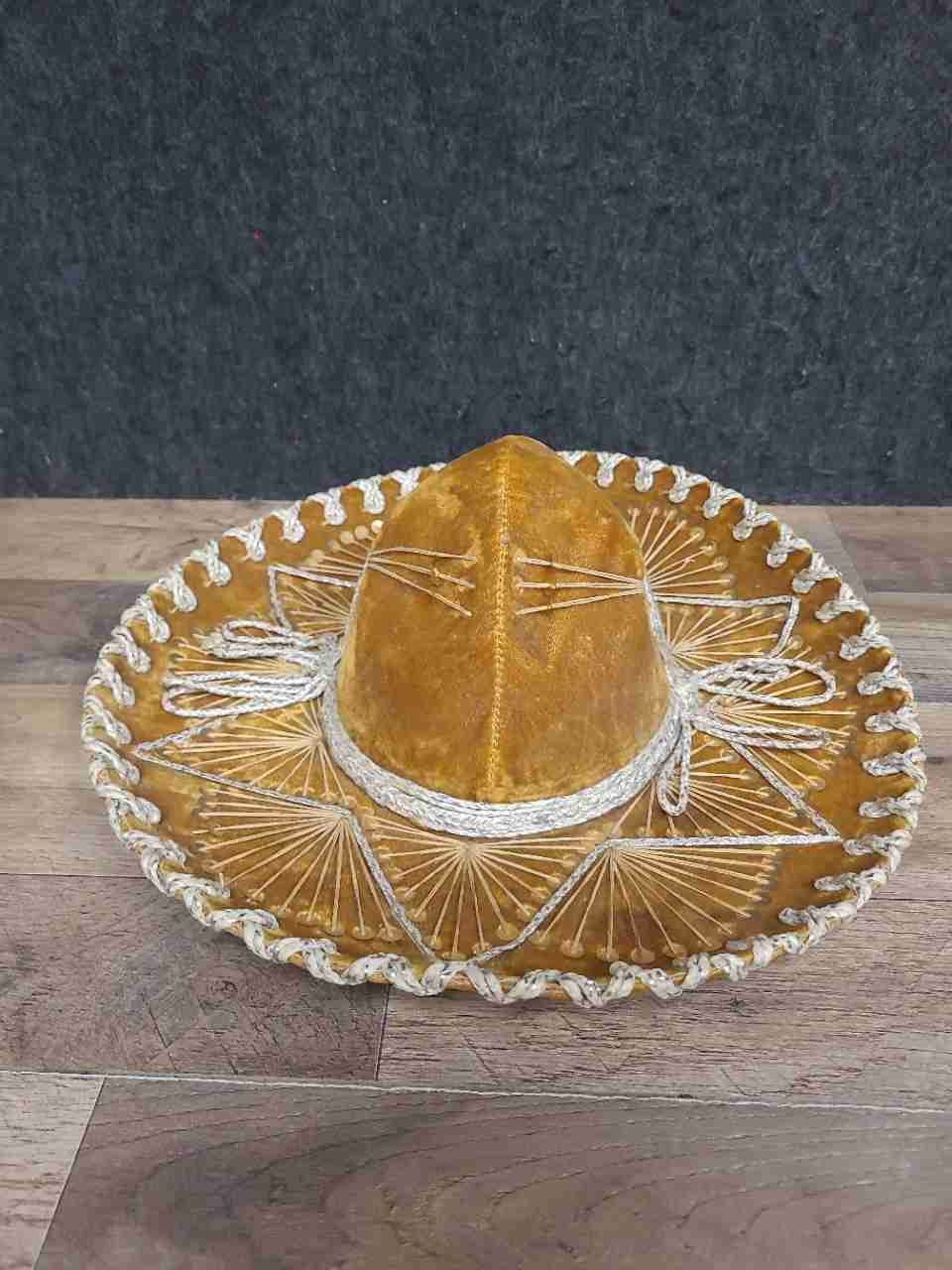 Vintage Salazar Pigalle Mexican Sombrero Charro Hat Gold Velvet Embroidered