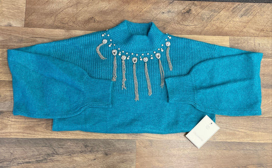 Calligraphie Women's Teal Rhinestone Chain Tassel Knit Sweater Sz L NWT