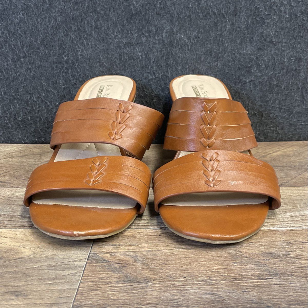 Kim Rogers Sonney Tan Faux Leather Block Heel Slide Sandals Size 8.5