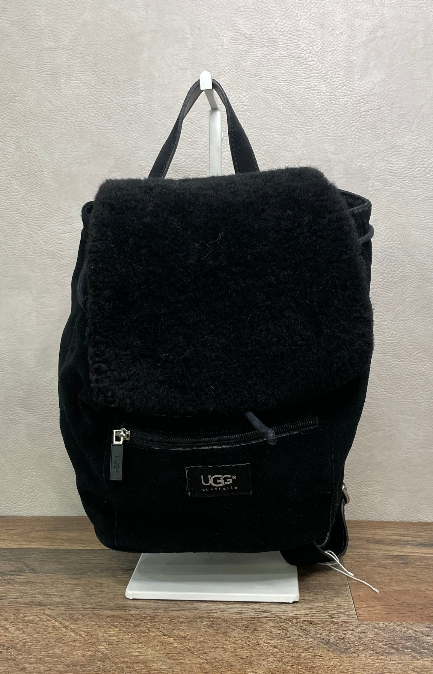 Vintage UGG Australia Black Suede Shearling Drawstring Backpack Silver Hdw
