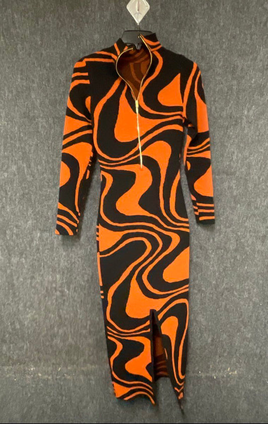 Fashion Nova Women's Black Orange Abstract Swirl Knit Midi Zip Dress Sz M