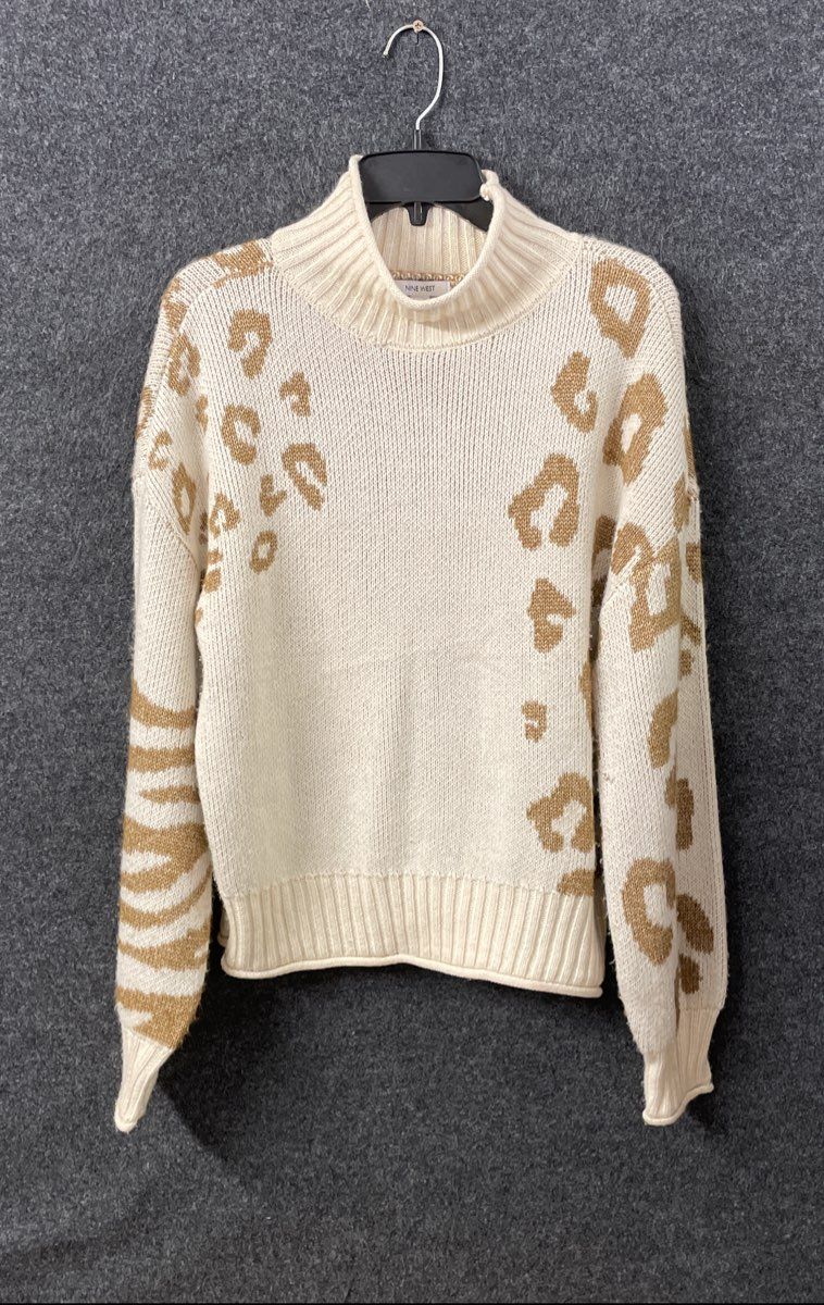 Nine West Women's Sweater Cream Tan Leopard Zebra Print Mock Neck Boxy Sz M