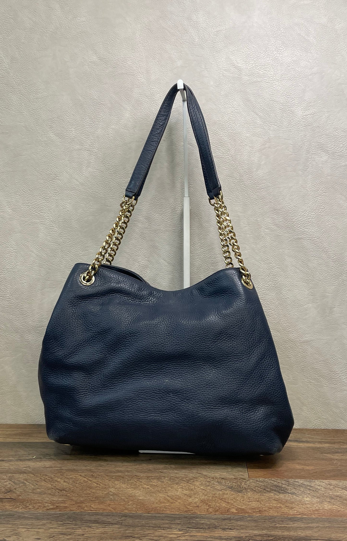Michael Kors Navy Blue Pebbled Leather Chain Hobo Shoulder Bag Gold Hardware