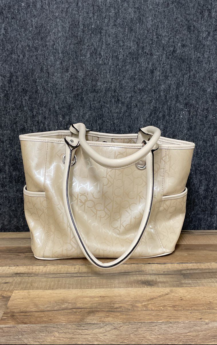 Calvin Klein Beige Monogram Coated Canvas Tote Bag Silver Hardware