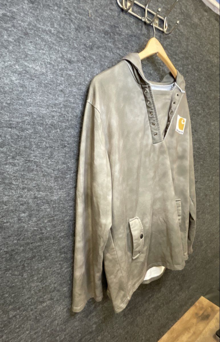 Carhartt Men's Gray Button Placket Hooded Pullover Sweatshirt Snap Pockets XXL