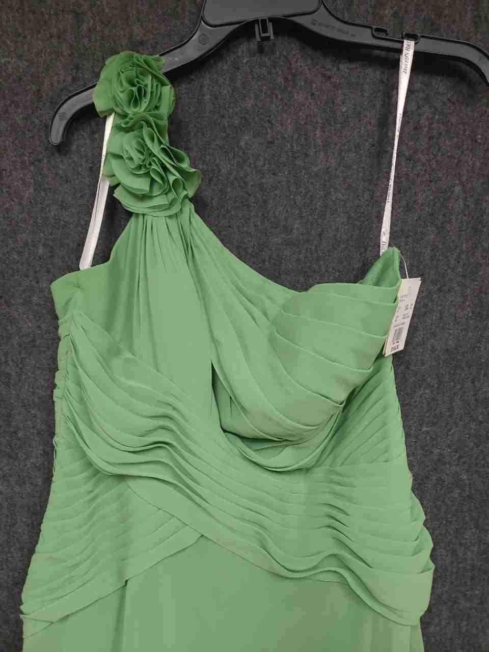 David's Bridal Women's Clover Green One Shoulder Chiffon Ruched Dress Sz 12 NWT