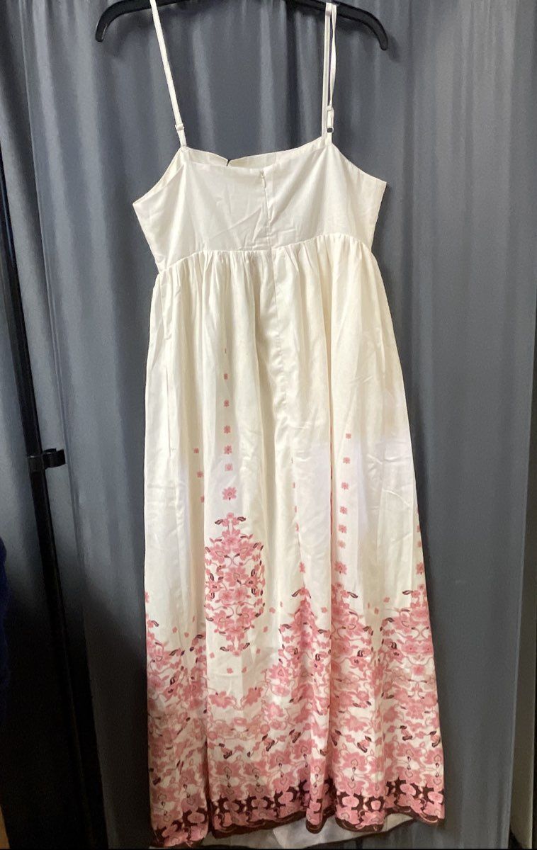 Commense Women's Cream Pink Floral Border Maxi Dress Spaghetti Strap NWT Sz S