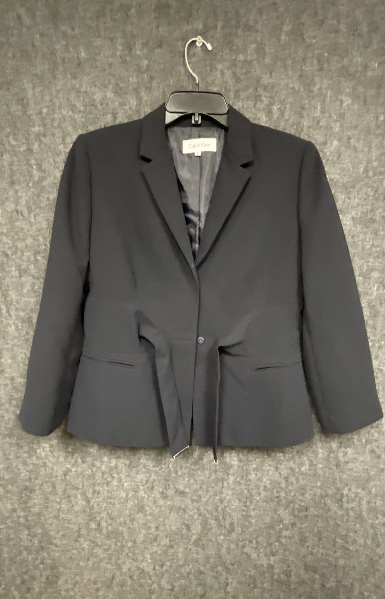 Calvin Klein Women's Black One Button Blazer Waist Tie Peplum Back Sz 8
