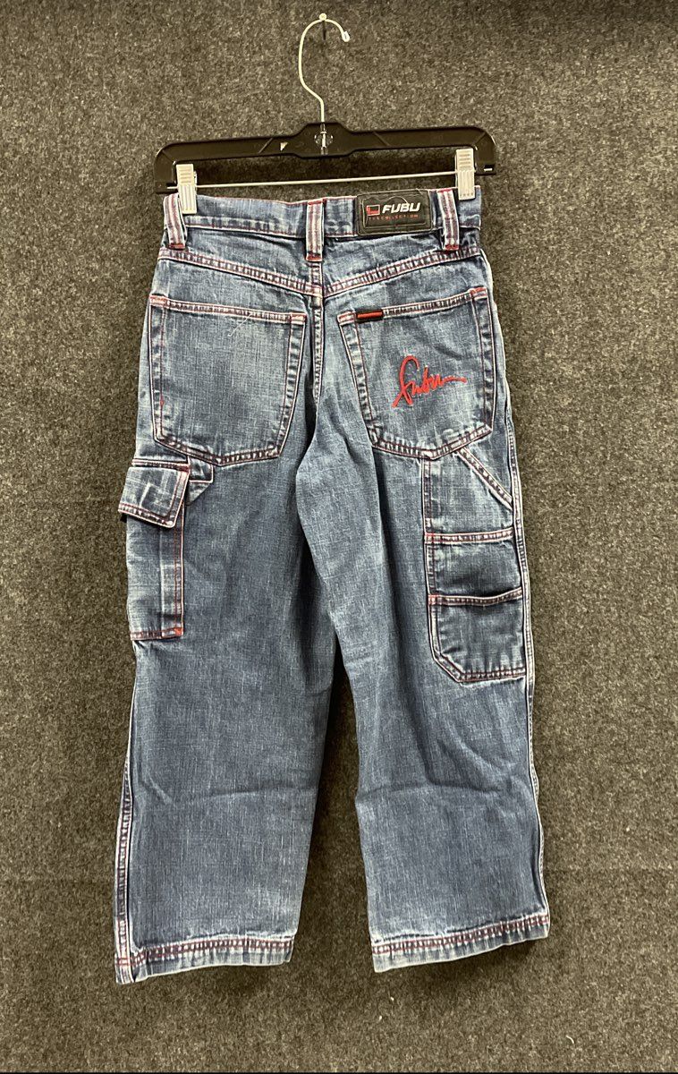 Vintage Y2K FUBU Boy's Cargo Carpenter Jeans Blue Wide Leg Denim Size 8