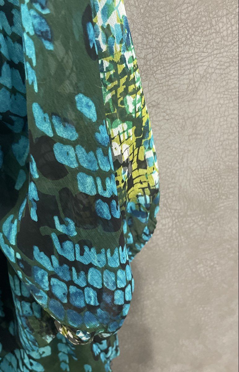 Kim Rogers Women's Blue Teal Tiered Snake Print 3/4 Sleeve Blouse Top Sz M