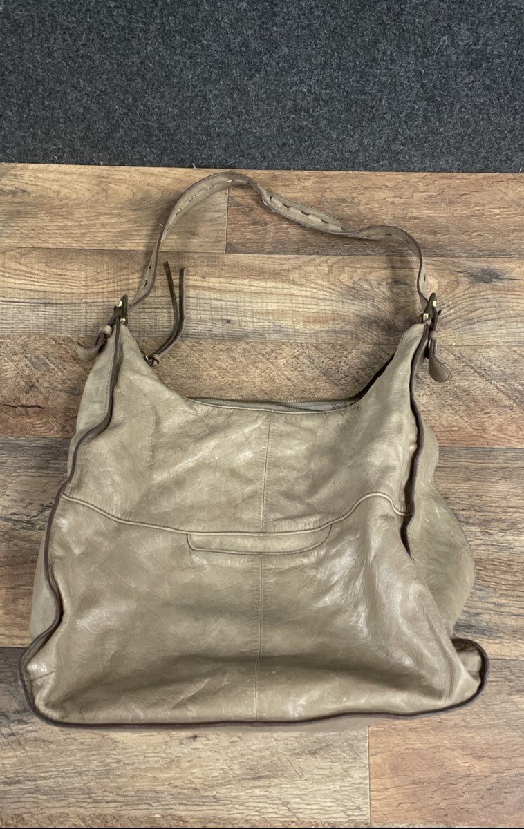 HOBO Taupe Beige Leather Slouchy Shoulder Bag Brass Hardware