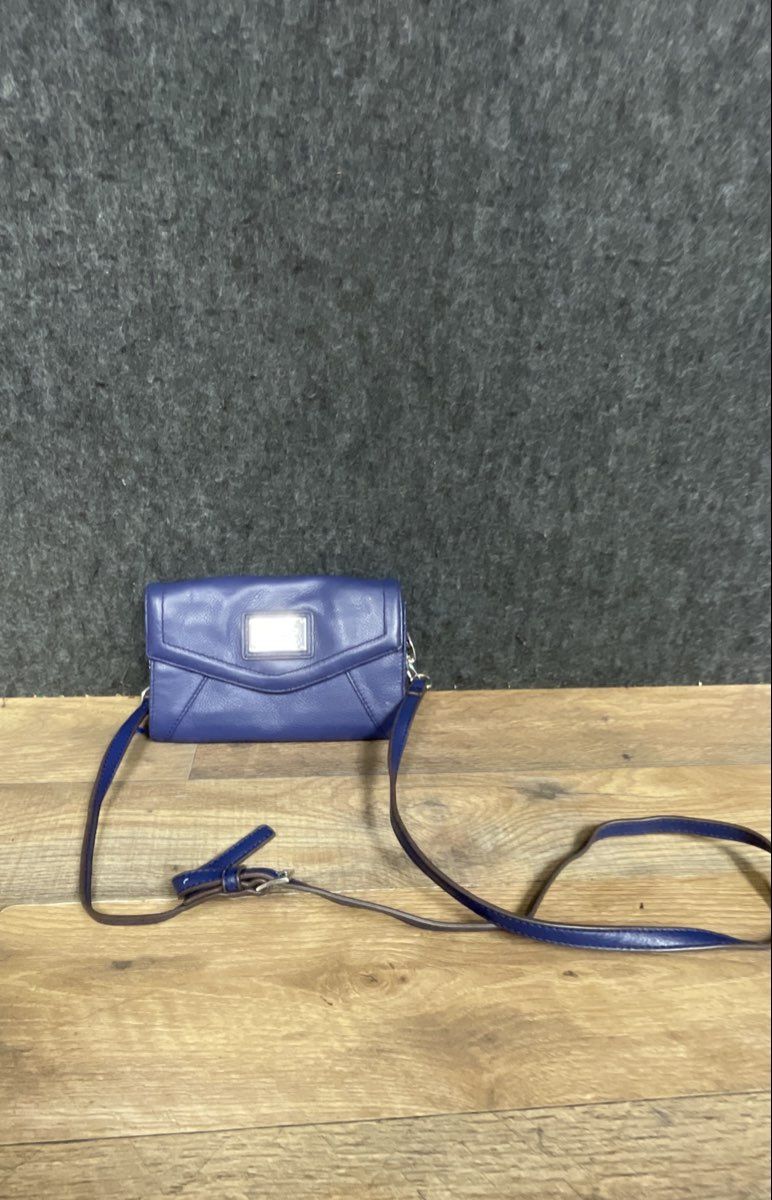 Tignanello Blue Leather Mini Crossbody Wallet Bag Leopard Lining Silver Hardware