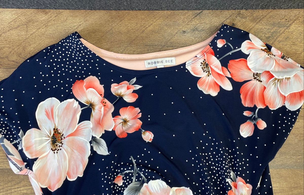 Robbie Bee Women's Navy Blue Floral Polka Dot Side Knot Drape Dress Sz M