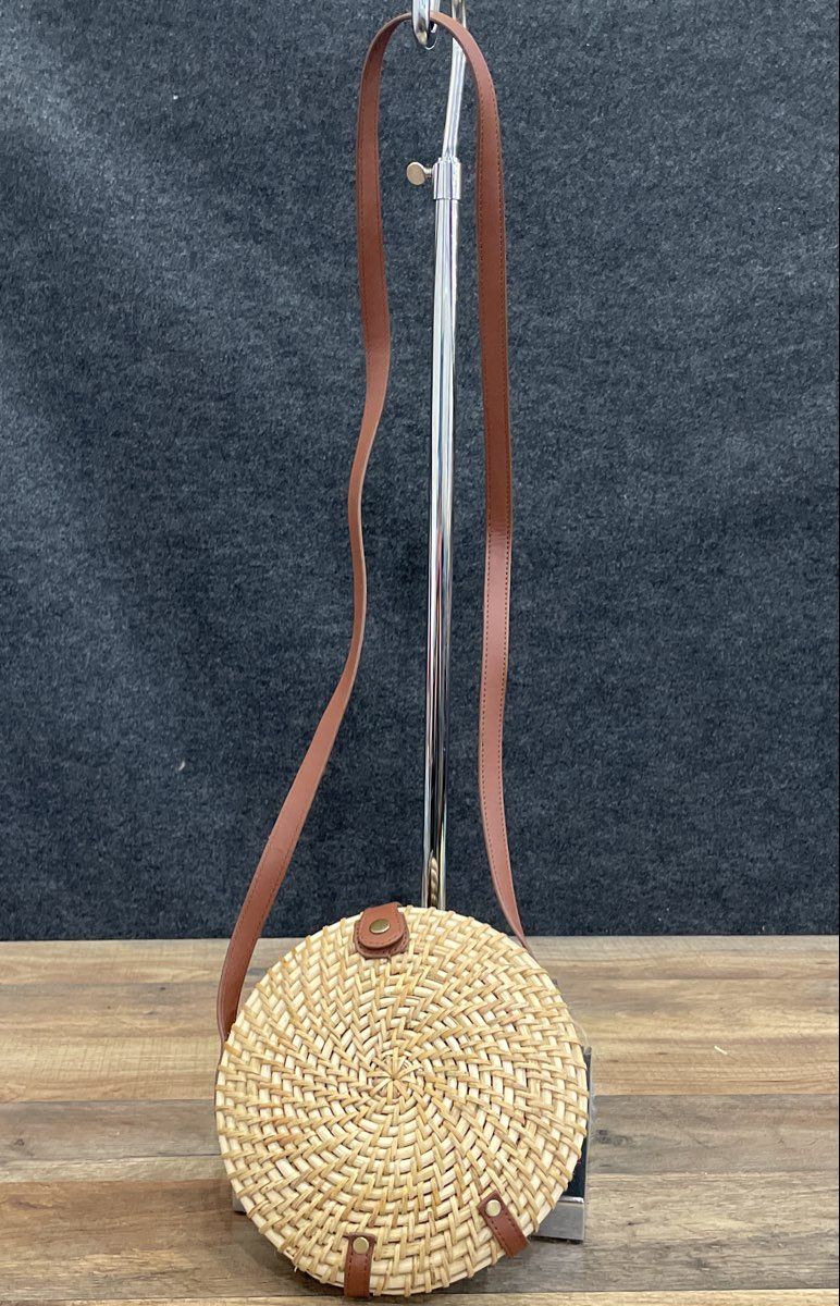 J.Crew Tan Natural Rattan Round Canteen Crossbody Bag Striped Lining NWT
