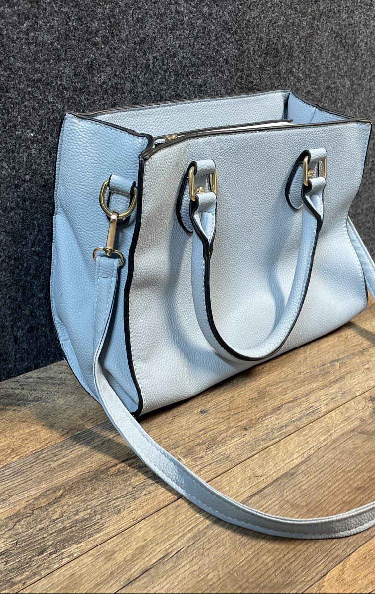 Light Blue Pebbled Faux Leather Satchel Handbag Crossbody Bag Gold Hardware