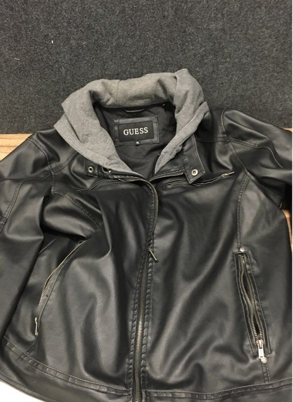 Guess Men's Black Faux Leather Jacket Layered Look Jersey Hood Moto Size XL