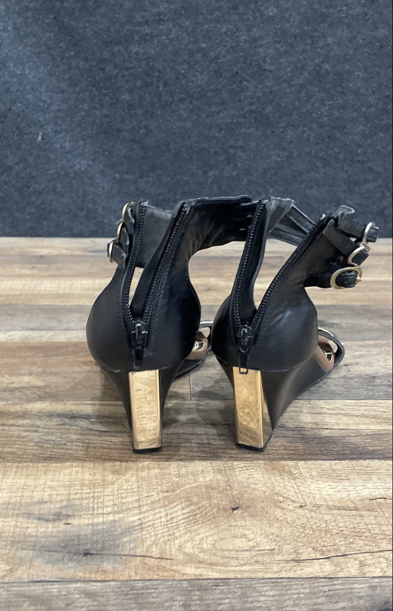 Hot Tomato Black Gold Embellished Ankle Strap Wedge Sandals Women's Size 10M