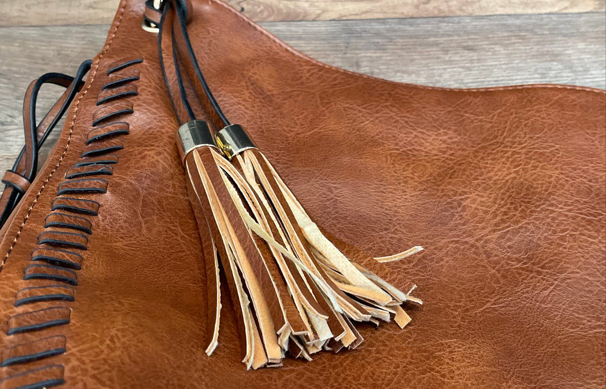 Cognac Brown Leather Hobo Shoulder Bag Tassel Woven Stitch Detail Large
