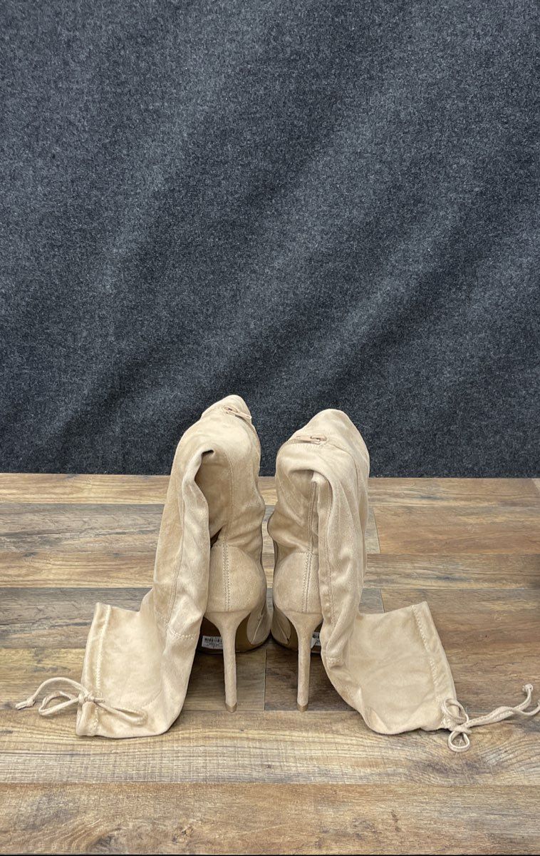 Beige Faux Suede Slouchy Thigh-High Pointed Toe Stiletto Boots Women's Size 8