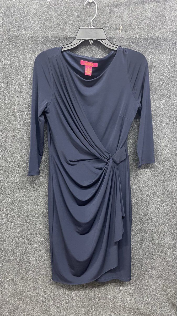 Catherine Malandrino Women's Navy Blue 3/4 Sleeve Ruched Faux Wrap Dress Sz S