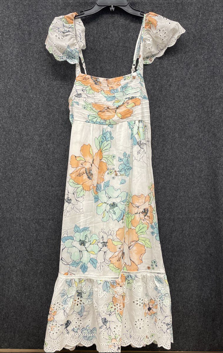 Wonderly Women's The Tides Cloud Dancer Floral Eyelet Ruffle Maxi Dress Sz L NWT