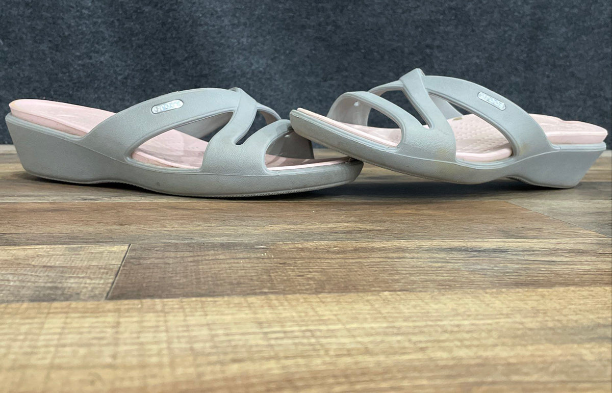 Crocs Meleen Twist Grey Pink Strappy Wedge Slide Sandals Women's Size 10