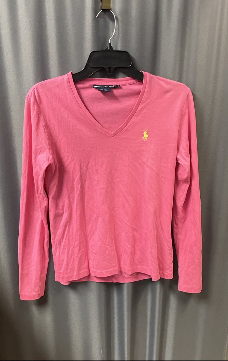 Ralph Lauren Sport Women's Pink V-Neck Long Sleeve T-Shirt Yellow Pony Logo Sz S