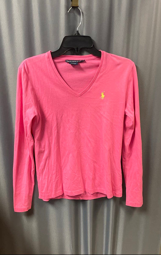 Ralph Lauren Sport Women's Pink V-Neck Long Sleeve T-Shirt Yellow Pony Logo Sz S