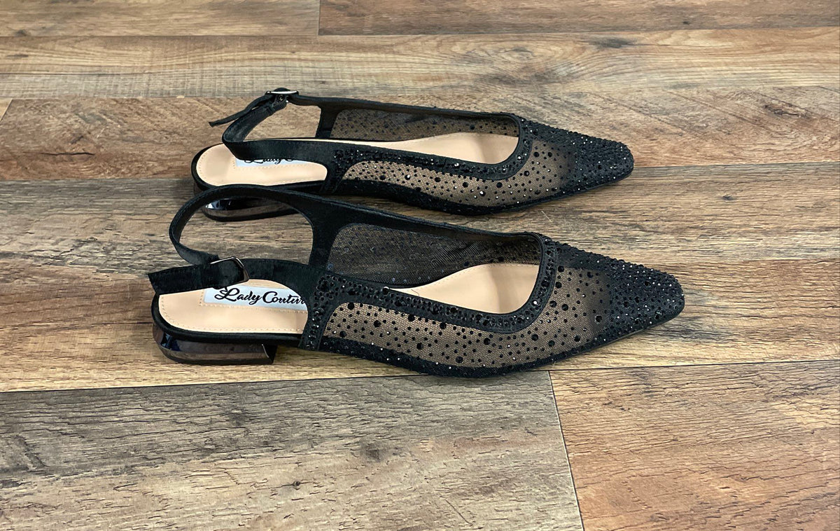 Lady Couture Kara Black Mesh Rhinestone Slingback Flats Size 9