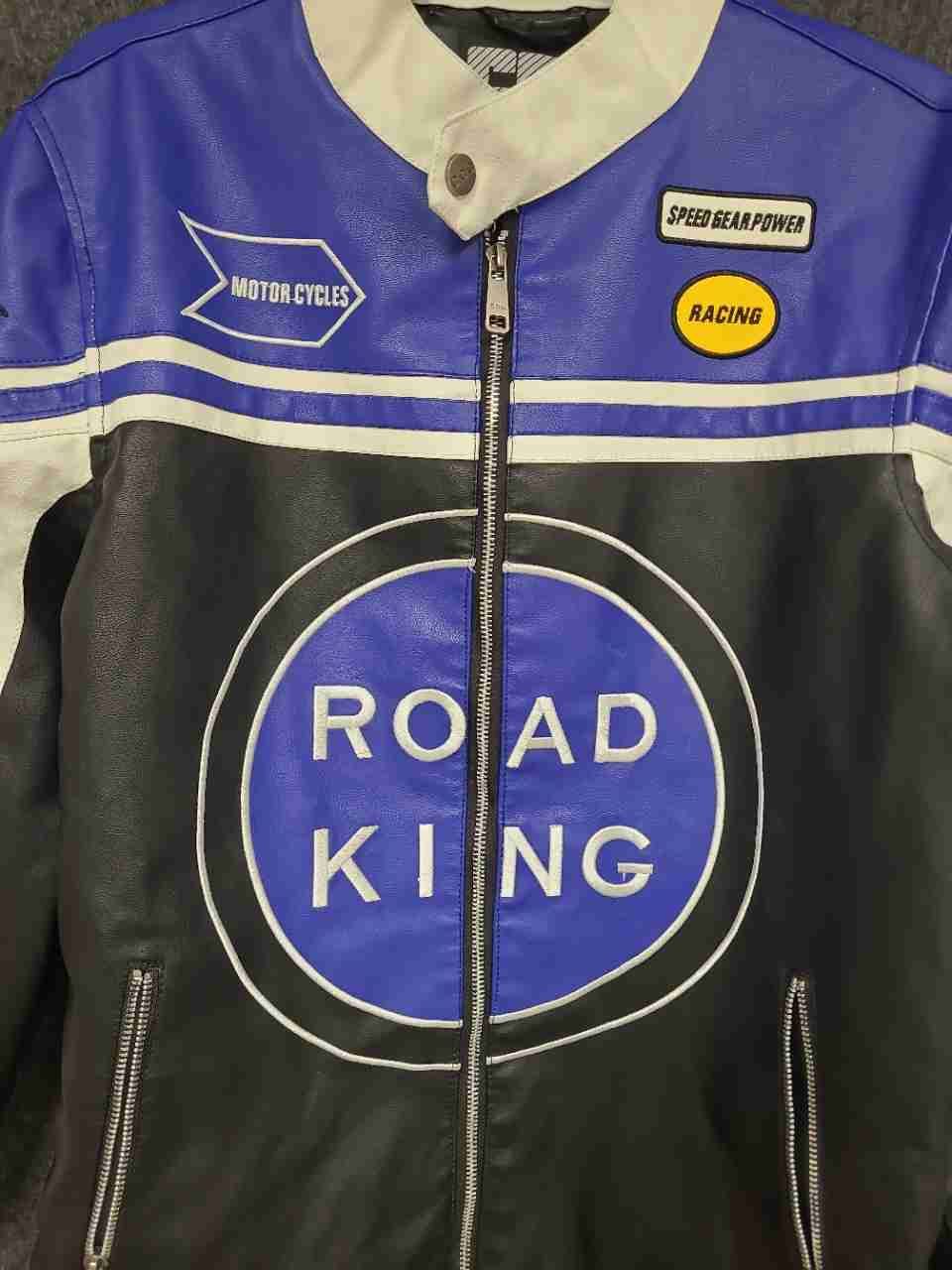 Chor Clothing Company Men's Faux Leather Racing Jacket Black Blue Road King Sz M