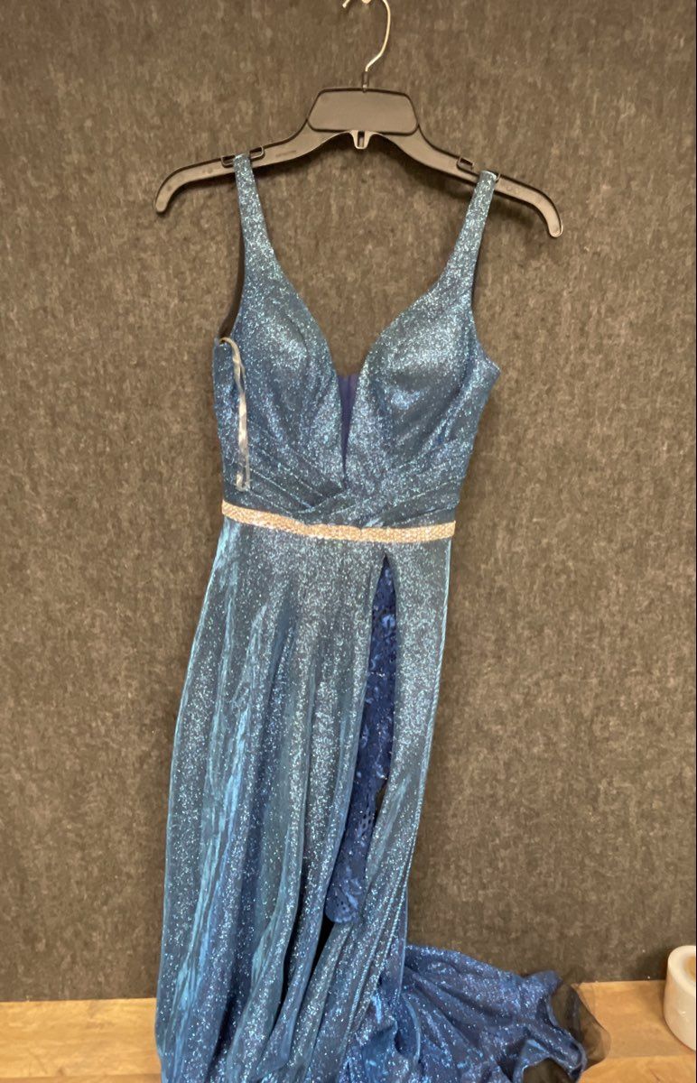 Rianna Couture Women's Blue Shimmer Metallic Rhinestone Waist Slit Gown Sz 2