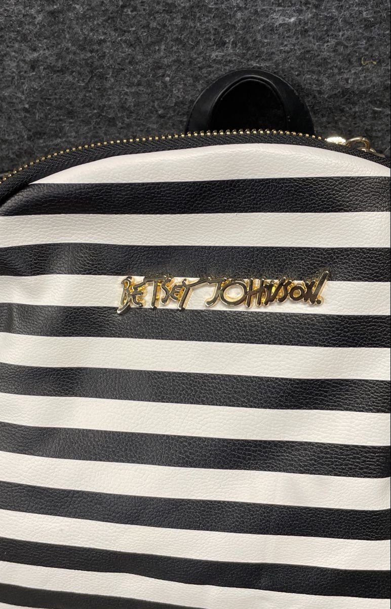 Betsey Johnson Black White Striped Floral Embroidered Studded Backpack NWT