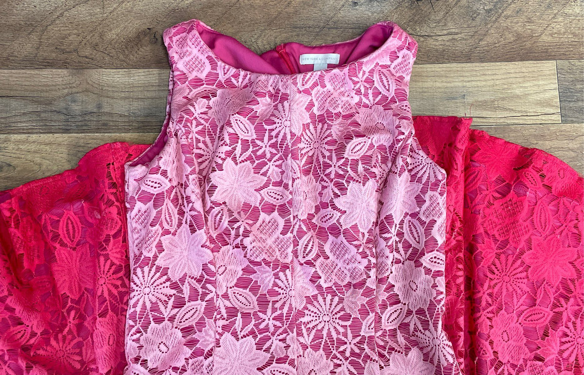 New York & Company Women's Pink Ombre Floral Lace Fit & Flare Dress Sz 2