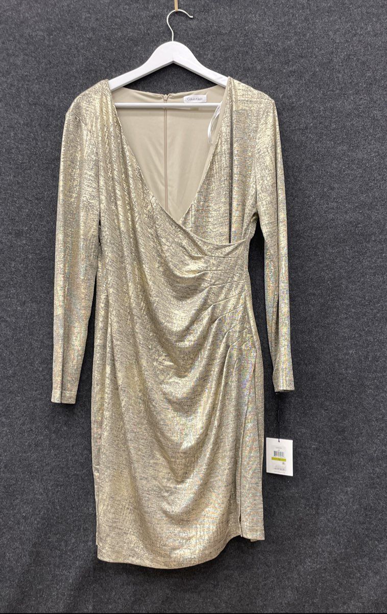 Calvin Klein Women's Gold Shimmer Faux Wrap Long Sleeve Dress NWT Sz 14