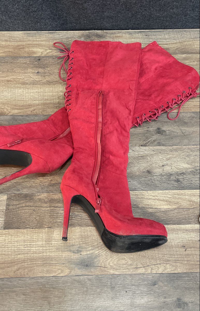 Lifted Red Suede Lace Up Over The Knee Stiletto Platform Boots Size 8.5