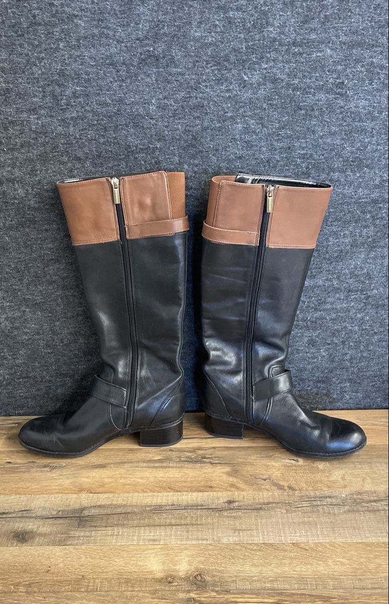 Bandolino Coppa Two-Tone Black Brown Leather Riding Boots Women's Size 7.5