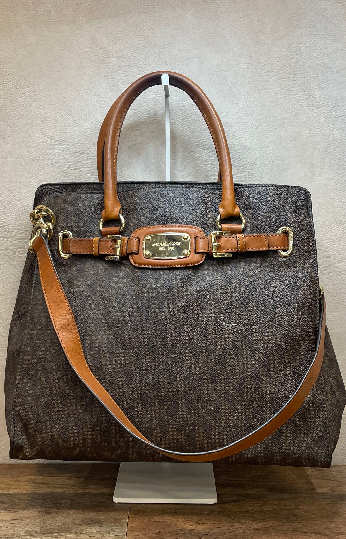 Michael Kors Brown Monogram Hamilton Large Satchel Tote Bag Gold Hardware