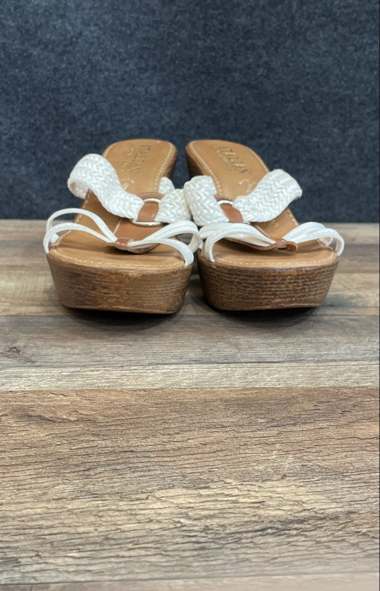 Italian Shoemakers White Brown Braided Strap Platform Wedge Slides Size 9