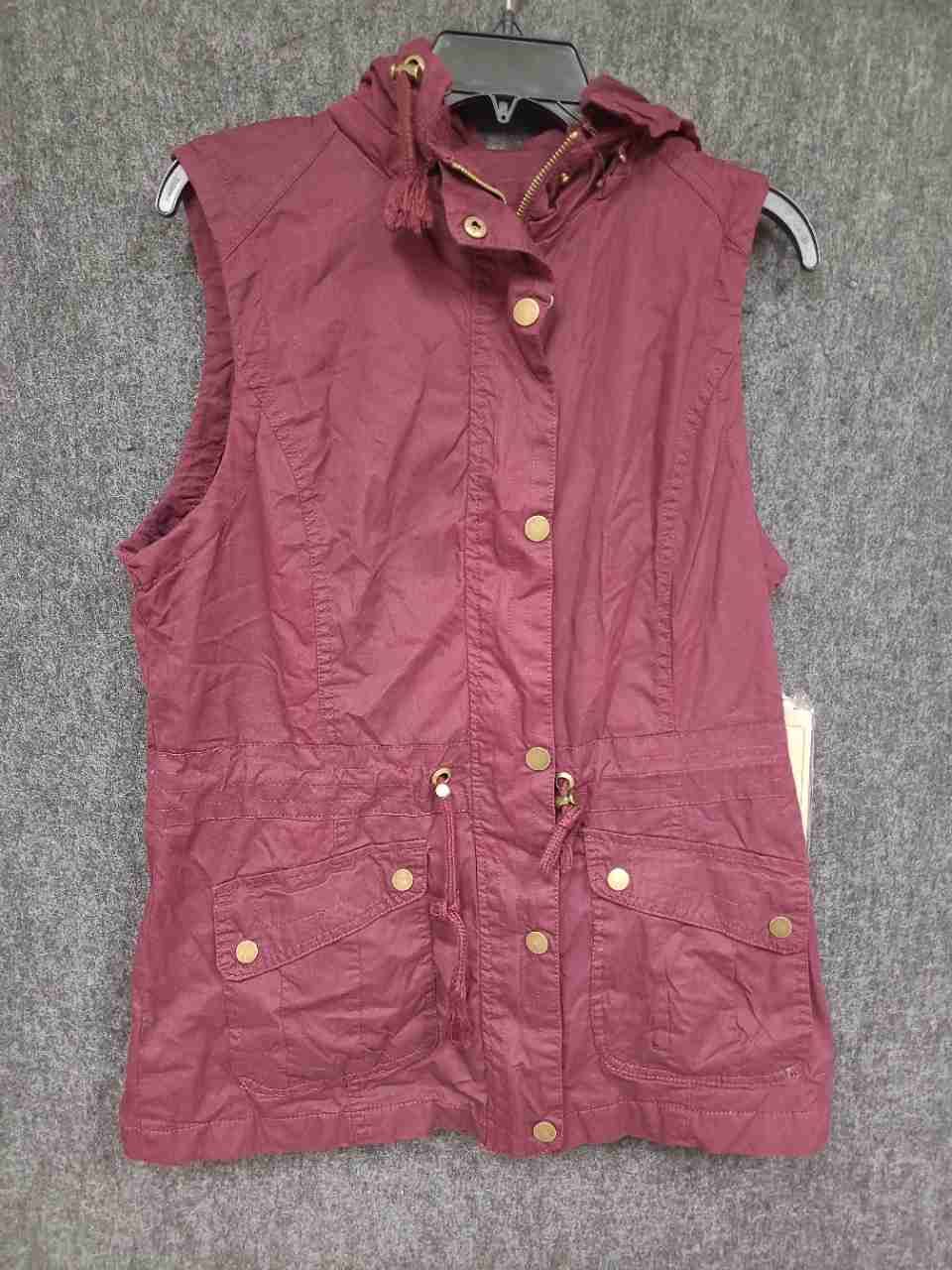 YMI Women's Sangria Maroon Hooded Utility Vest Cotton Full Zip Snap NWT Sz XL