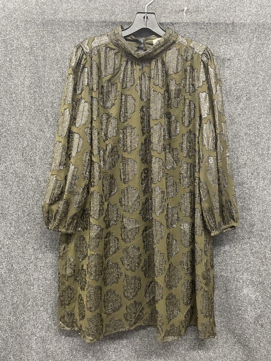 Loft Women's Dark Green Shimmery Mock Neck Shift Dress Metallic Size Large NWT