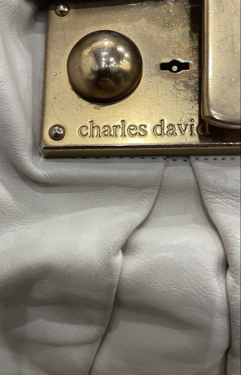 Charles David White Leather Satchel Handbag Large Gold Push Lock Closure