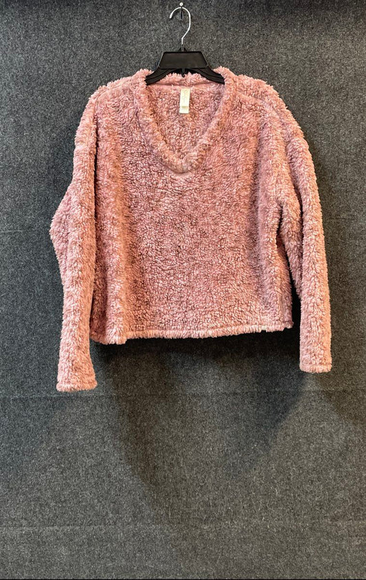 Jessica Simpson Women's Pink Sherpa Fleece V-Neck Pullover Sweater Sz L