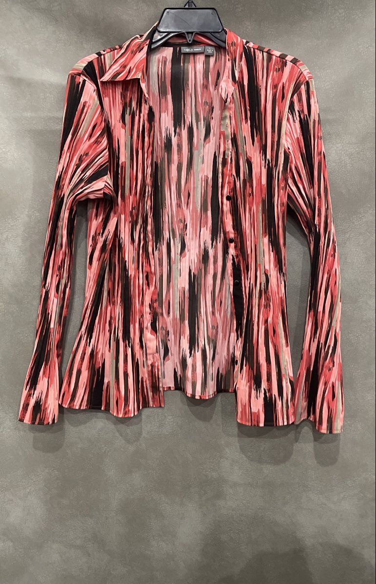 Apt 9 Women's Red Multicolor Abstract Print Stretch Button Up Blouse Sz L