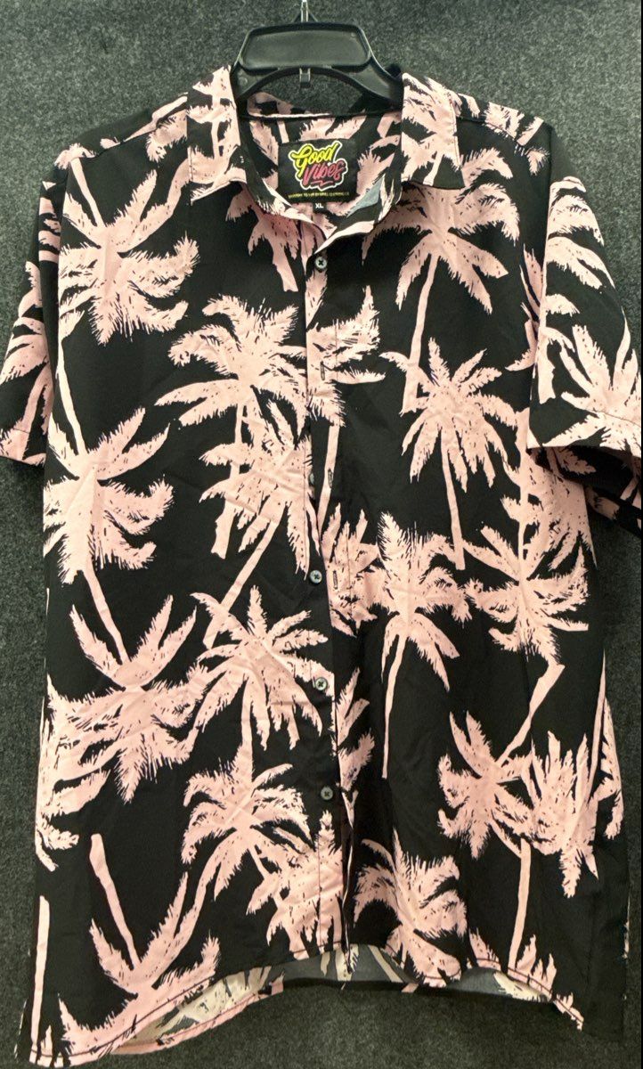 Drill Clothing Co Good Vibes Palm Tree Hawaiian Shirt Black Pink Tropical Sz XL