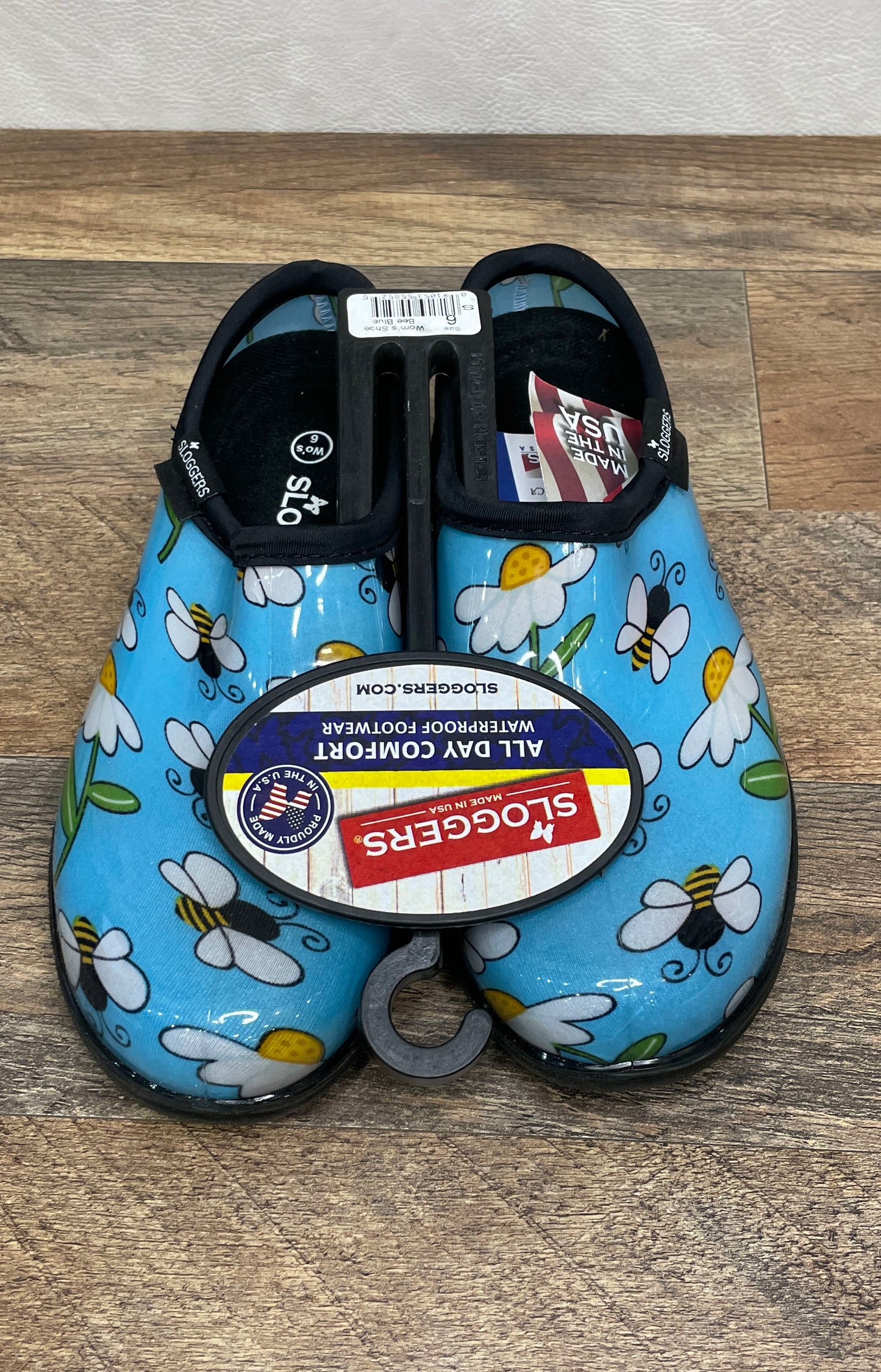 Sloggers Bee Blue Daisy Bumblebee Waterproof Garden Clogs Women's Size 6 NWT