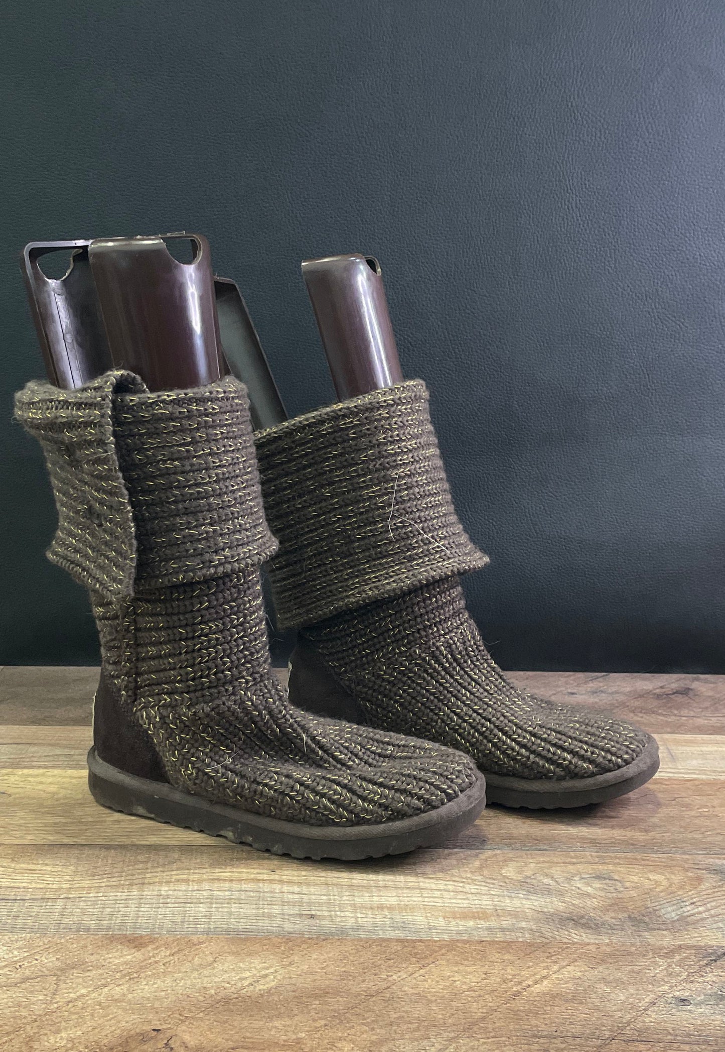 UGG Classic Cardy Brown Gold Metallic Knit Boots Women's Size 7