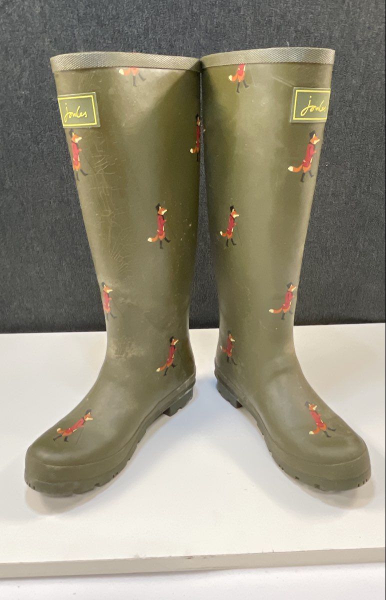 Joules Olive Green Mr Fox Print Tall Rubber Rain Boots Wellies Size 8