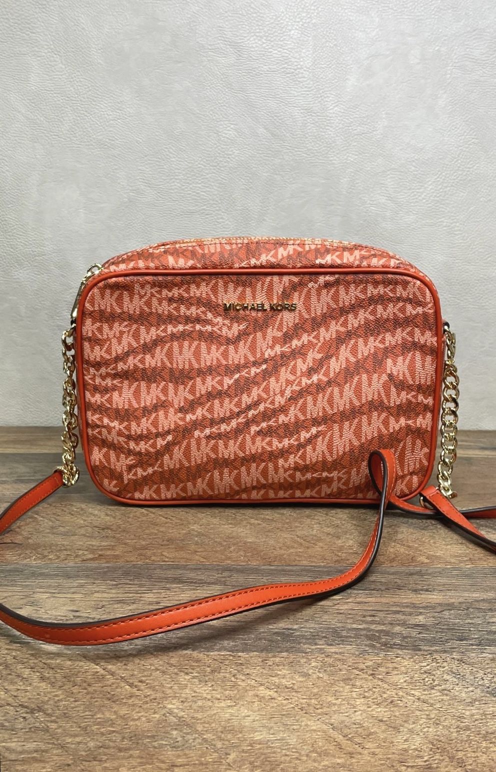 Michael Kors Red Monogram Zebra Print Crossbody Camera Bag Gold Hardware
