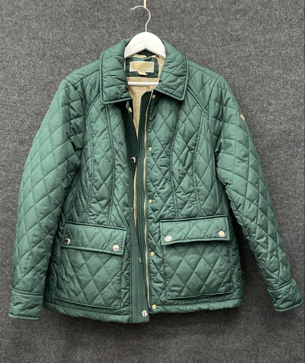 Michael Kors Women's Green Diamond Quilted Full Zip Jacket Pockets Sz L